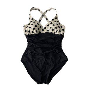 Women's Polka Dot Ruched Criss Cross Back One Piece Swimsuit Black White Size S